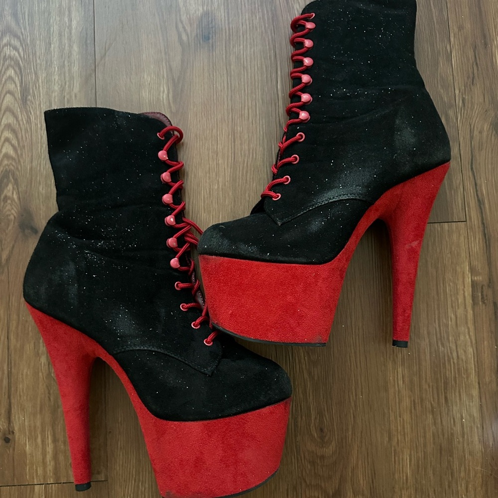 Pleaser 7” suede boots size 10. Heavy wear.